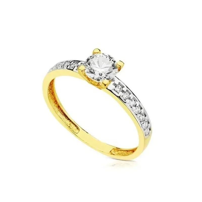Solitario en Oro Bicolor de 18k con circonita central redonda de 5 mm