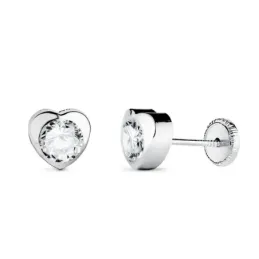 Pendientes en Oro Blanco de 18k con forma corazón de 6 mm. circonita