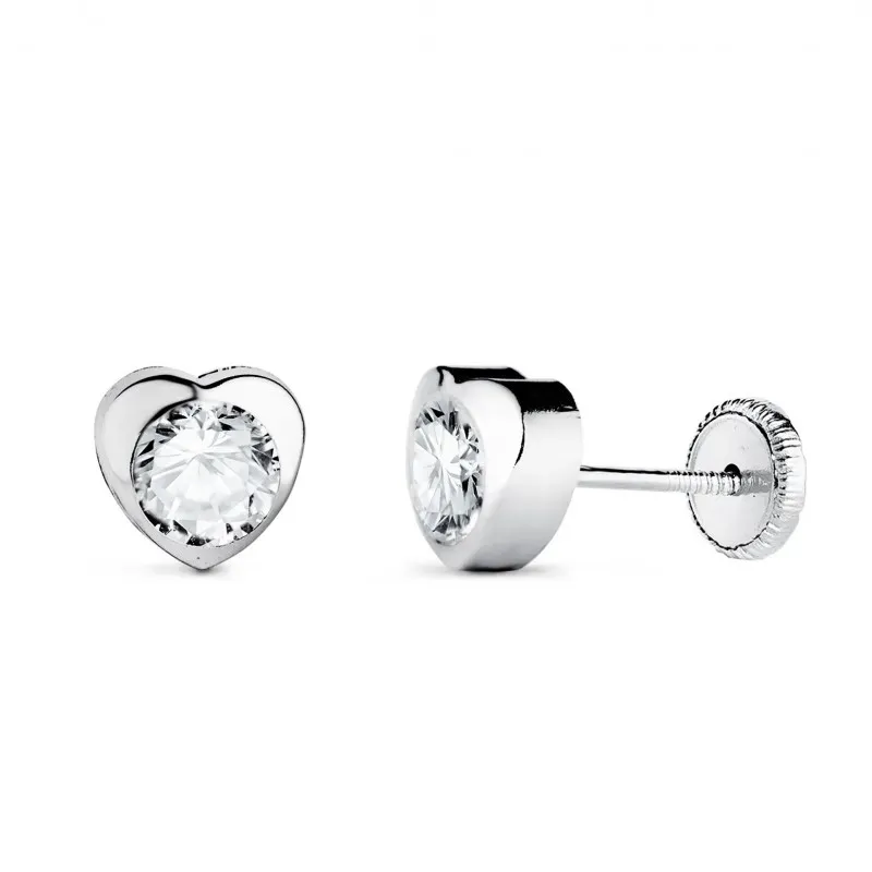 Pendientes en Oro Blanco de 18k con forma corazón de 6 mm. circonita