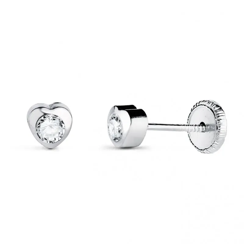 Pendientes en Oro Blanco de 18k con 4 mm. forma de corazón circonita