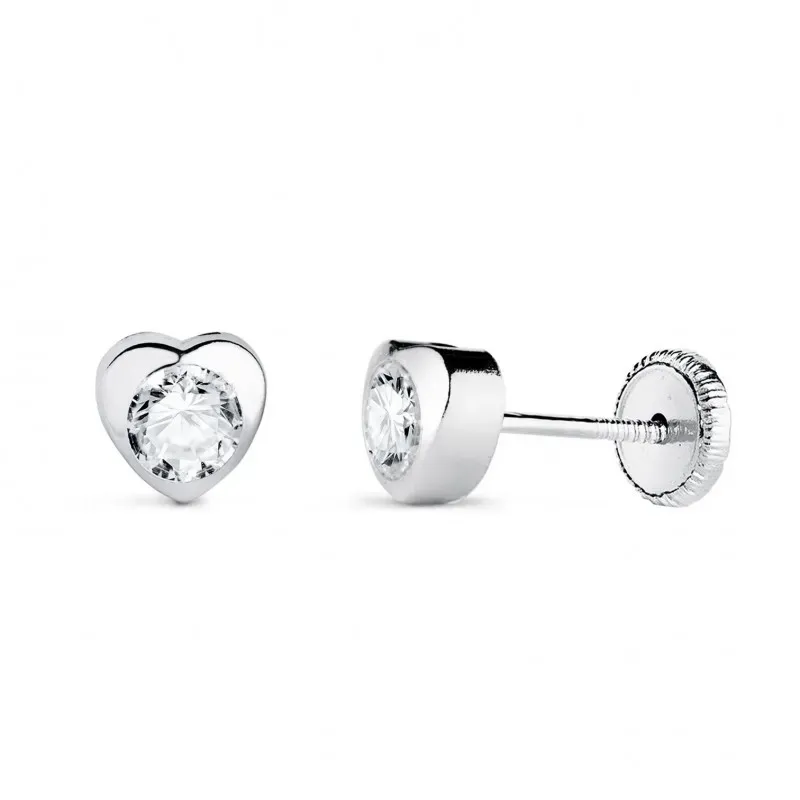 Pendientes en Oro Blanco de 18k con 5 mm. forma de corazón circonita