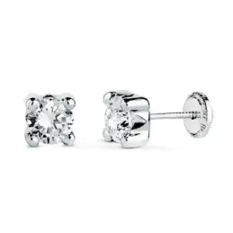 Pendientes Oro Blanco 18k con circonita de 5 mm. y cuatro garras anch