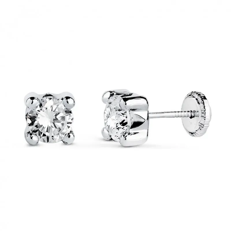 Pendientes Oro Blanco 18k con circonita de 5 mm. y cuatro garras anch