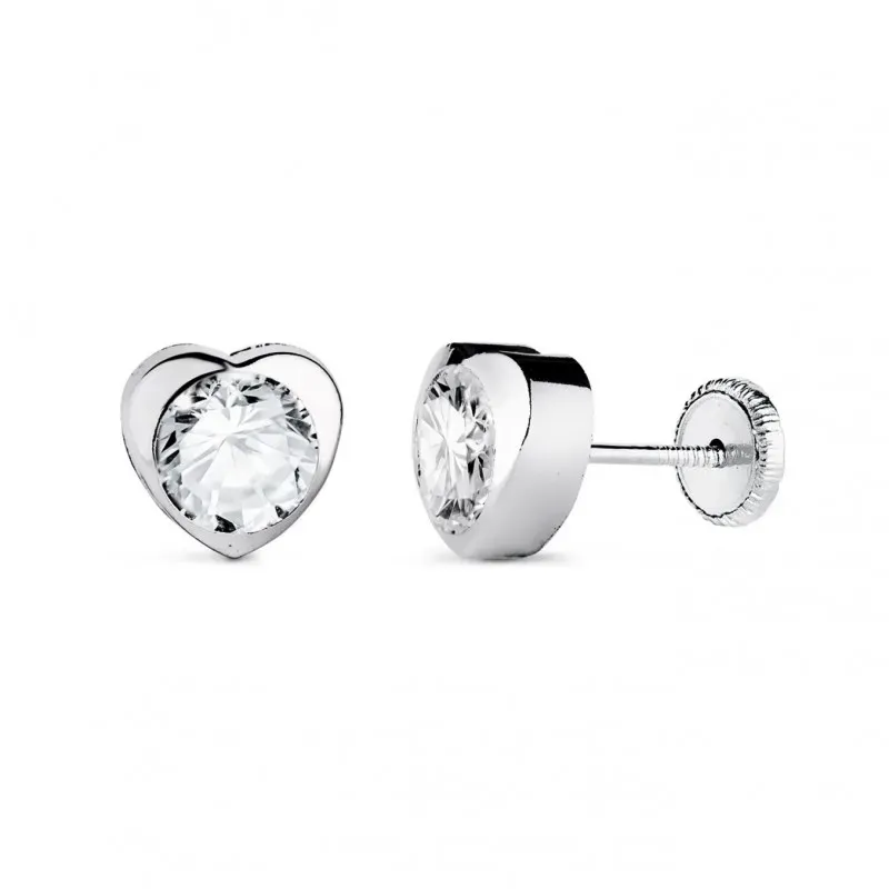 Pendientes en Oro Blanco de 18k con forma corazón de 7.5 mm. circonit