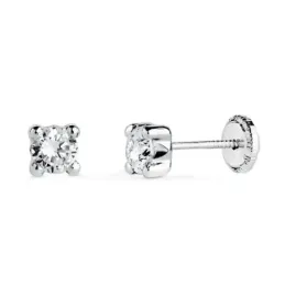 Pendientes Oro Blanco 18k con circonita de 4 mm. y cuatro garras anch