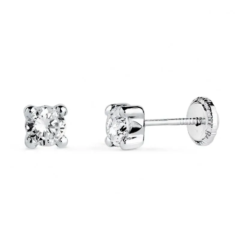 Pendientes Oro Blanco 18k con circonita de 4 mm. y cuatro garras anch