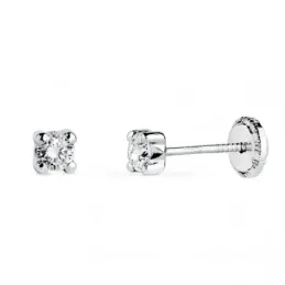 Pendientes en Oro Blanco 18k con circonita de 3 mm. y cuatro garras a