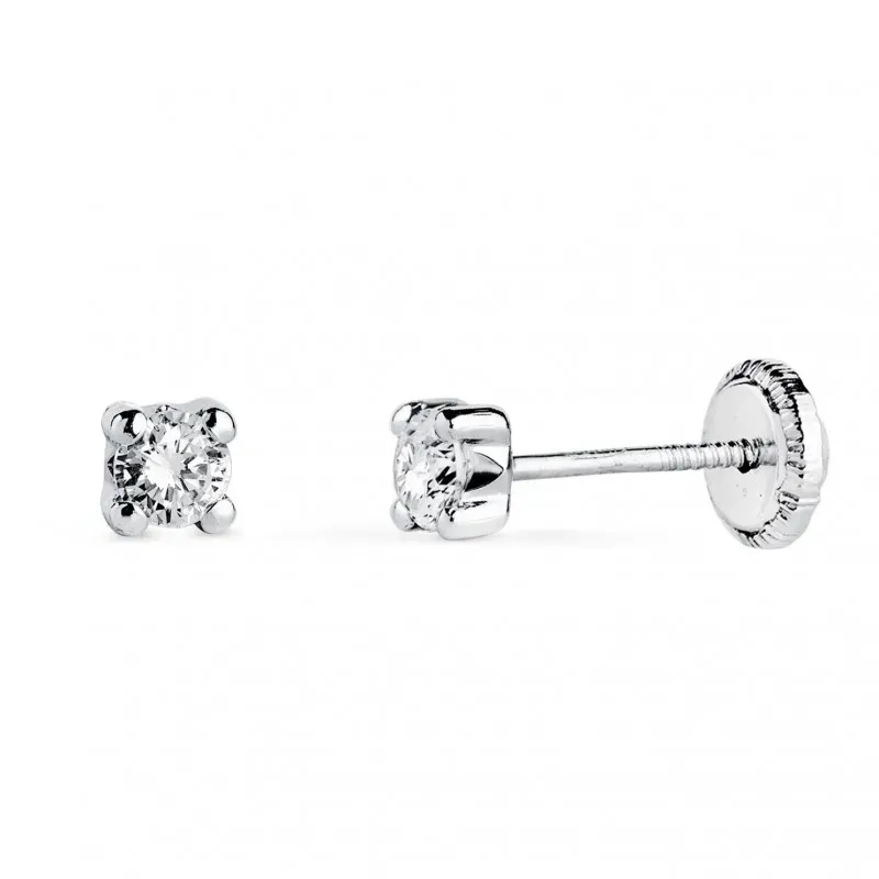 Pendientes en Oro Blanco 18k con circonita de 3 mm. y cuatro garras a