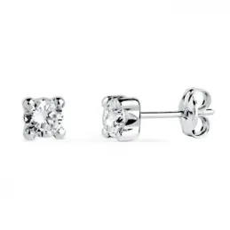 Pendientes en Oro Blanco 18k con circonita de 4 mm. y cuatro garras a
