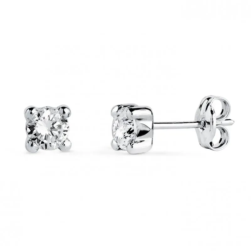 Pendientes en Oro Blanco 18k con circonita de 4 mm. y cuatro garras a