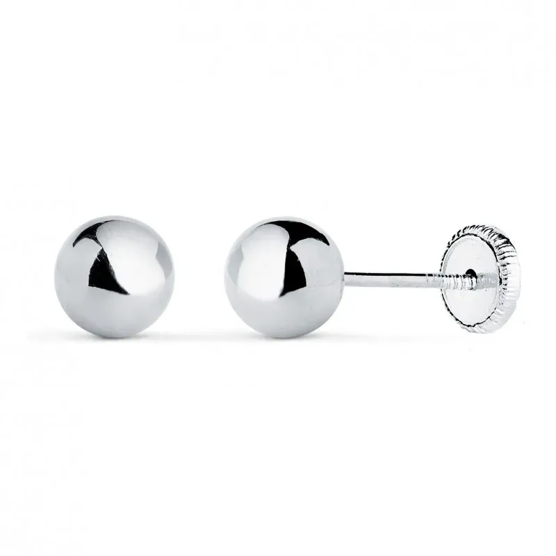 Pendientes en Oro Blanco de 18k con 6 mm. bola lisa con brillo