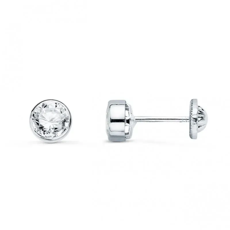 Pendientes en Oro Blanco de 18k redondos de 7 mm. chatón circonita