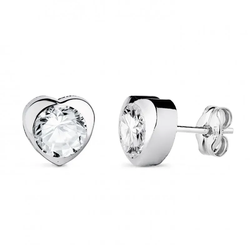 Pendientes en Oro Blanco de 18k forma corazón de 7.5 mm. con circonit