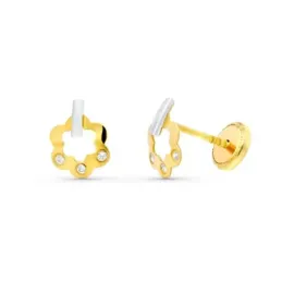 Pendientes en Oro Bicolor de 18k con 8 mm. forma de flor calada con c