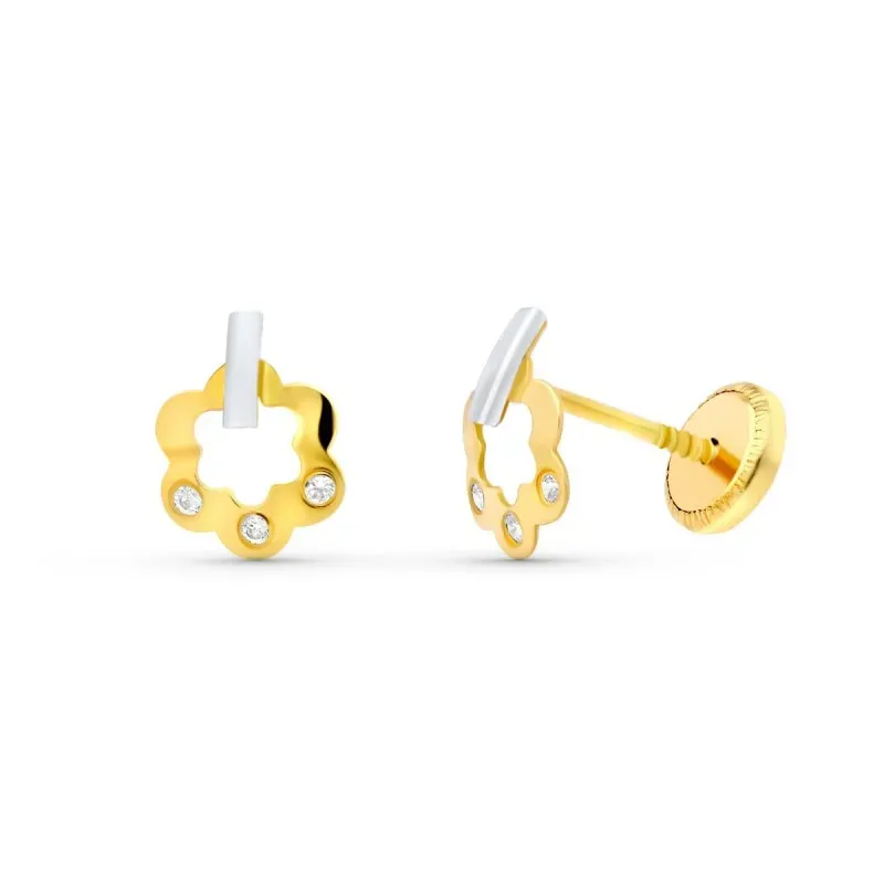 Pendientes en Oro Bicolor de 18k con 8 mm. forma de flor calada con c
