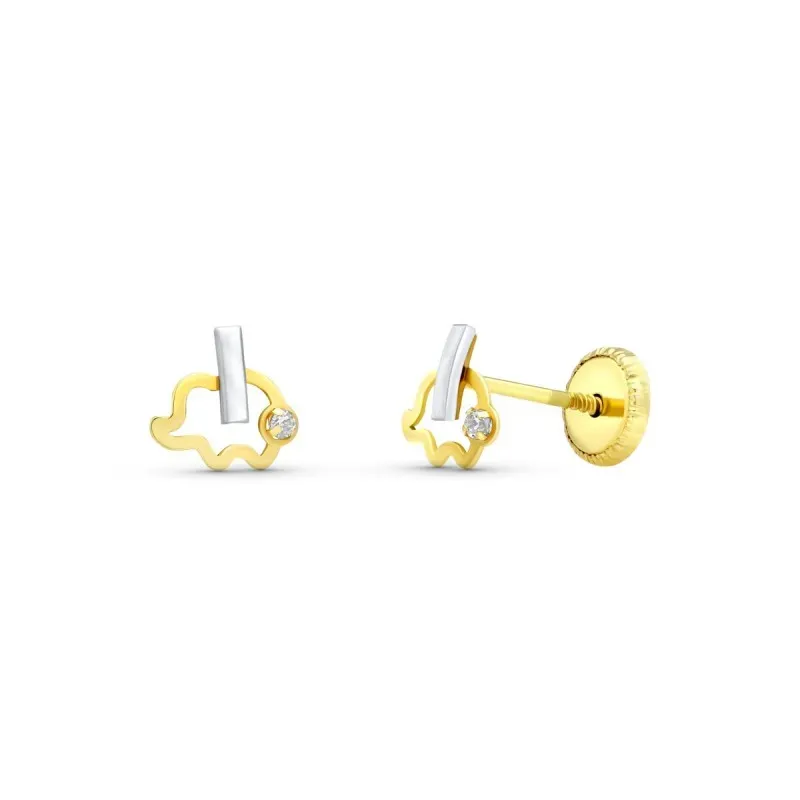 Pendientes en Oro Bicolor de 18k forma elefante con 6 mm. y circonita