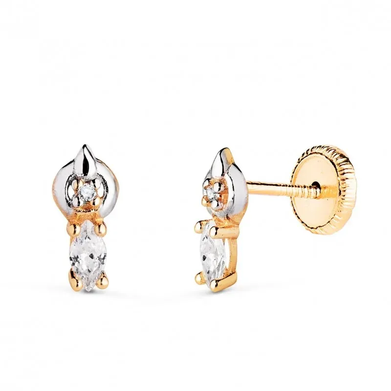 Pendientes en Oro Bicolor de 18k con 8 mm. circonita ovalada