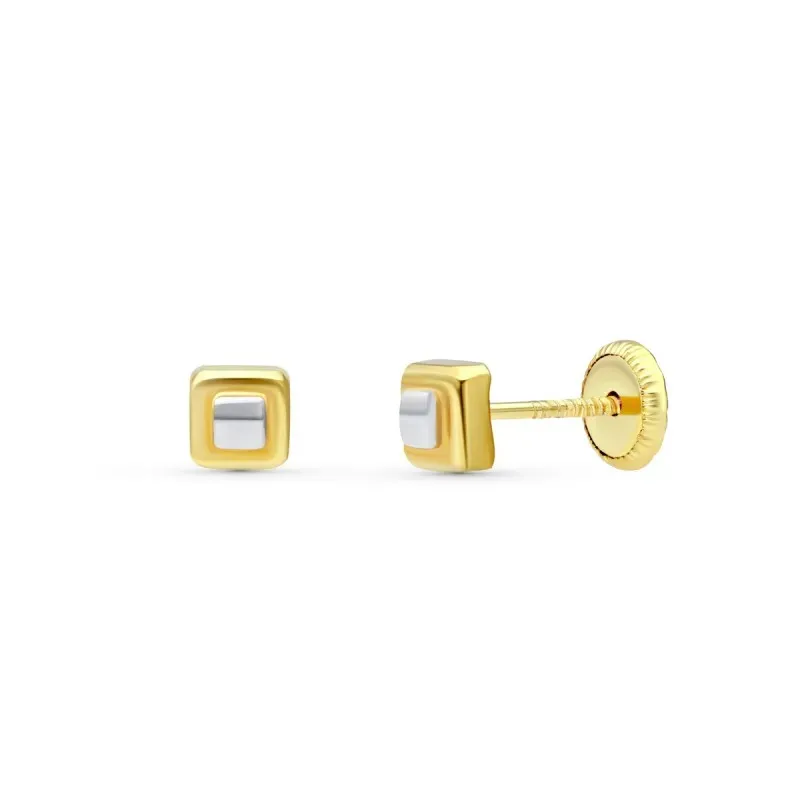 Pendientes en Oro Bicolor de 18k cuadrados con 4 mm. lisos