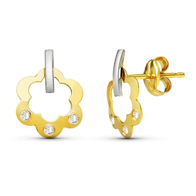 Pendientes en Oro Bicolor de 18k con 11 mm. forma flor calada con cir