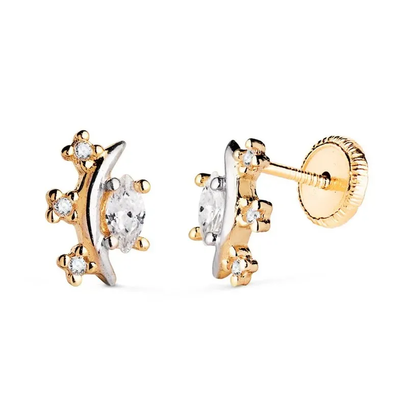 Pendientes en Oro Bicolor de 18k con 9 mm. forma de luna con circonit