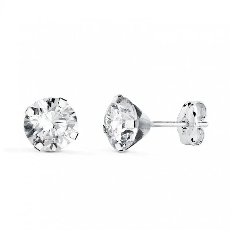 Pendientes Oro Blanco de 18k circonita de 6 mm. y cuatro garras