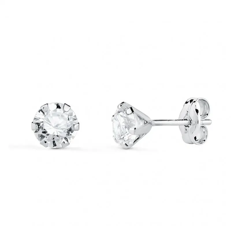 Pendientes Oro Blanco de 18k con circonita de 5 mm. y seis garras