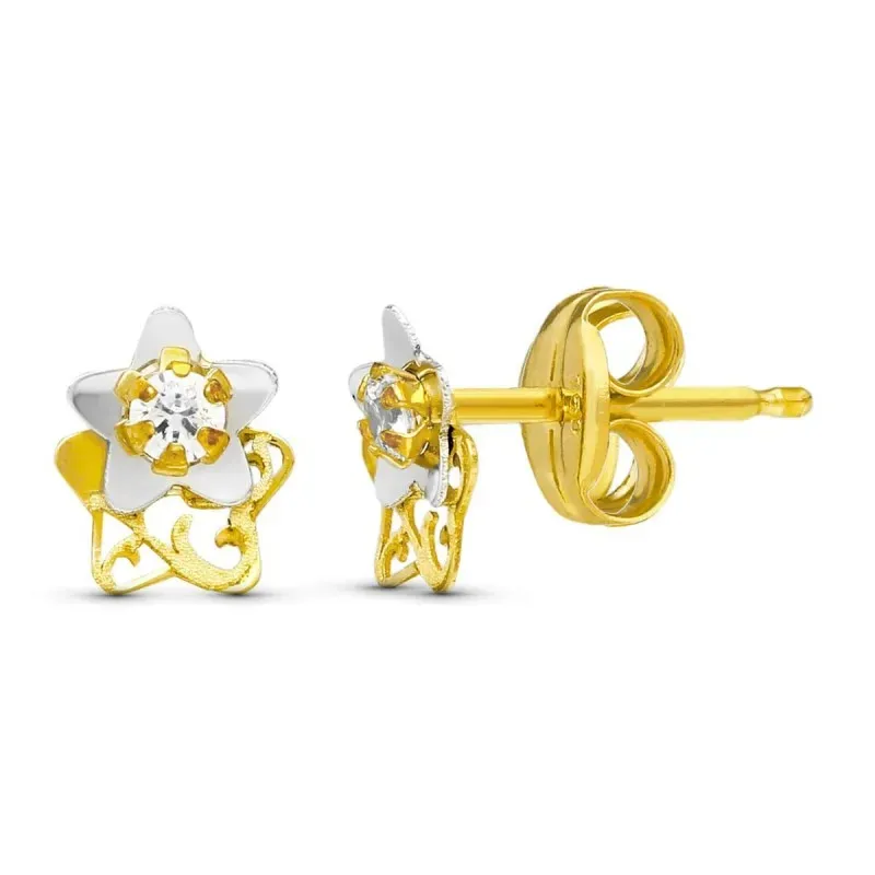 Pendientes en Oro Bicolor de 18k con 6 mm. forma de estrella con circ