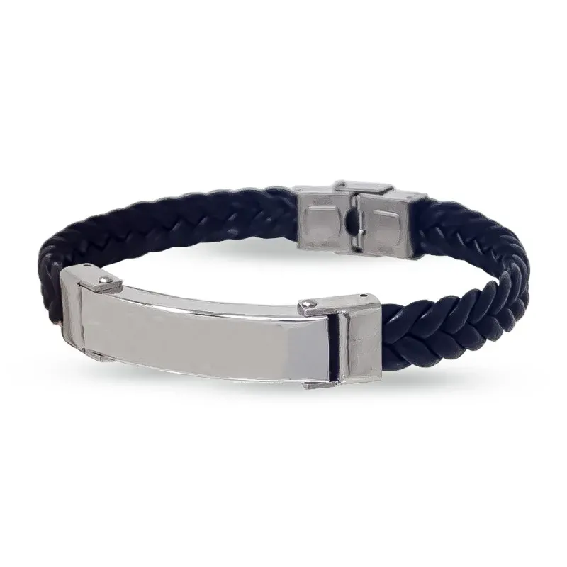 Pulsera Acero Inoxidable 316L 23 cm. cuero negro 10 mm. trenzado chap