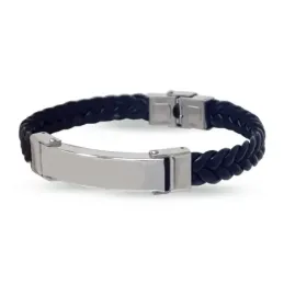 Pulsera Acero Inoxidable 316L hombre 23 cm. cuero negro 10 mm. trenz