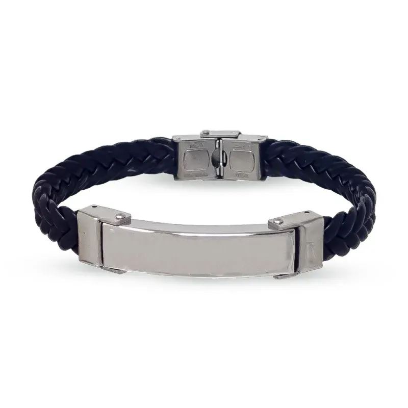 Pulsera Acero Inoxidable 316L hombre 23 cm. cuero negro 10 mm. trenz