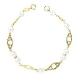 Pulsera oro 9k niña comunión 18cm. perlas 5mm. eslabones formas flores caladas cierre reasa