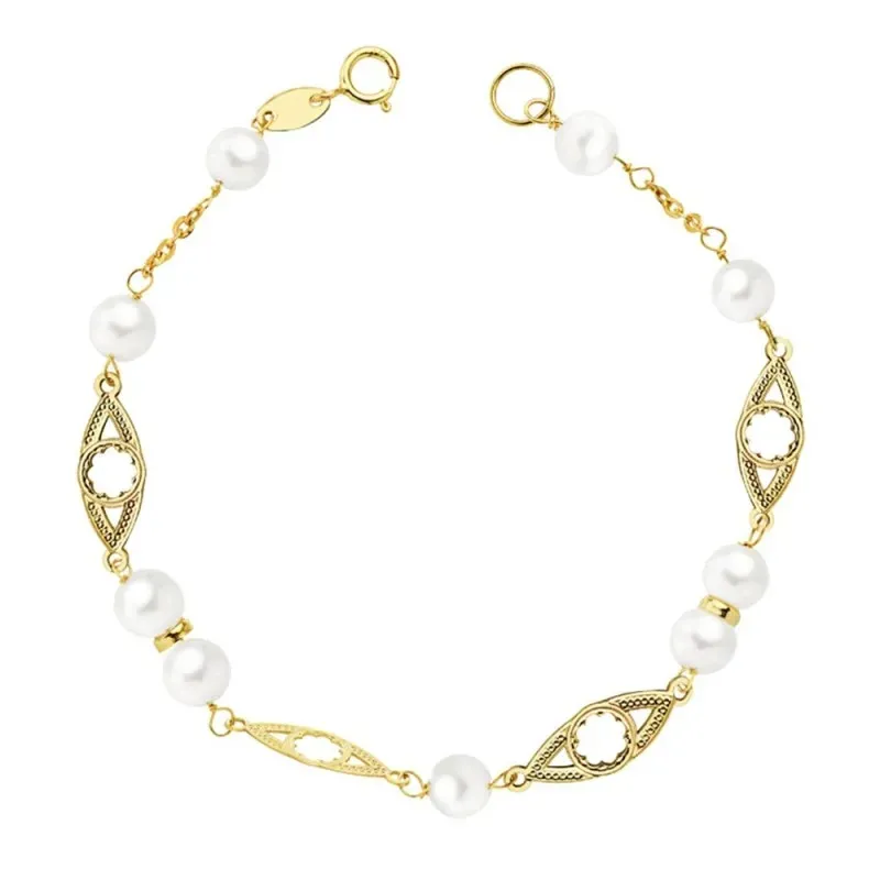 Pulsera oro 9k niña comunión 18cm. perlas 5mm. eslabones formas flores caladas cierre reasa