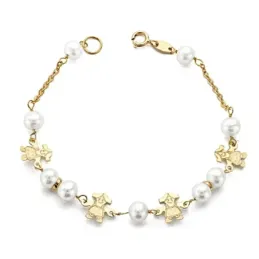 Pulsera oro 9k niña 17cm. perlas 5.5mm. cadena detalle niñas cierre reasa