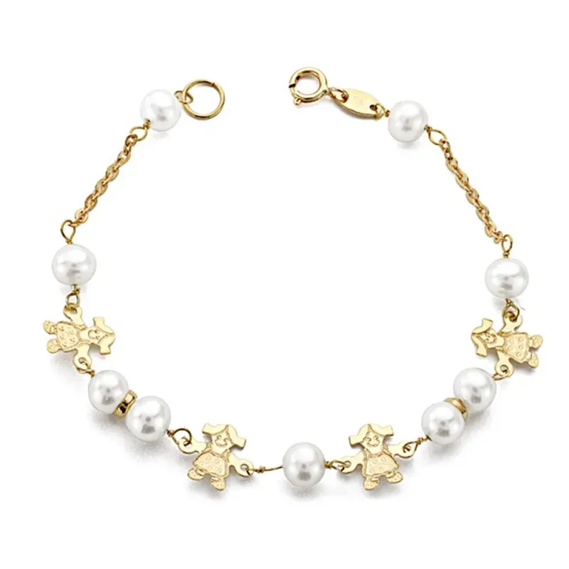 Pulsera oro 9k niña 17cm. perlas 5.5mm. cadena detalle niñas cierre reasa