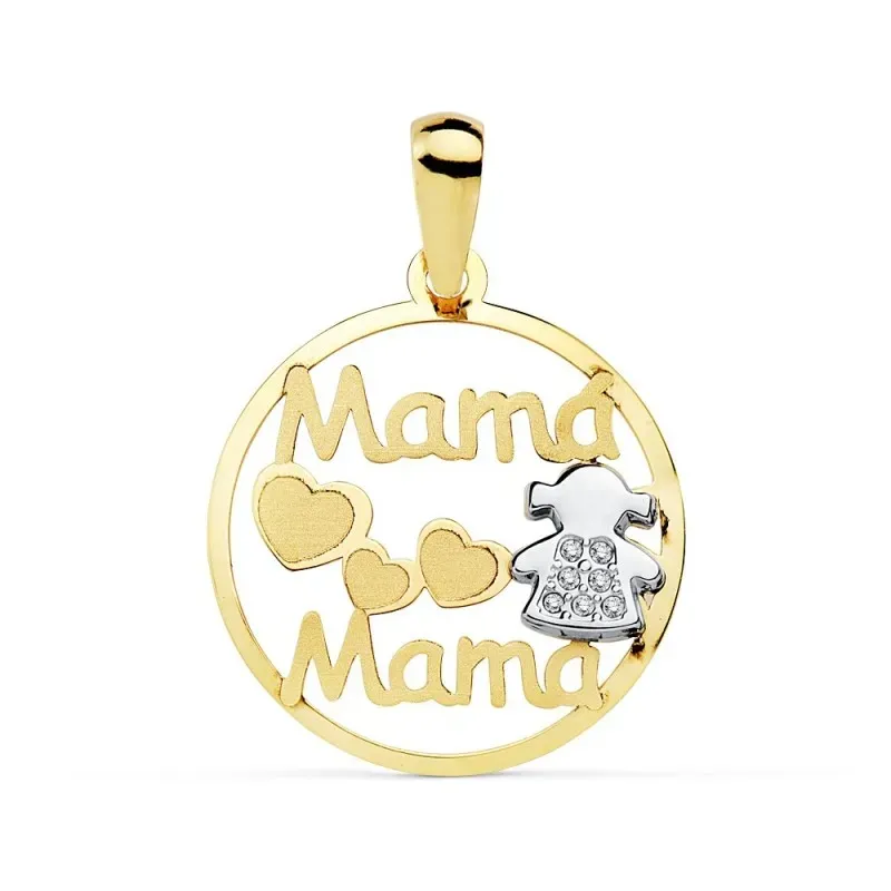 Colgante oro 9k bicolor MAMÁ 18mm. calado niña circonitas mujer