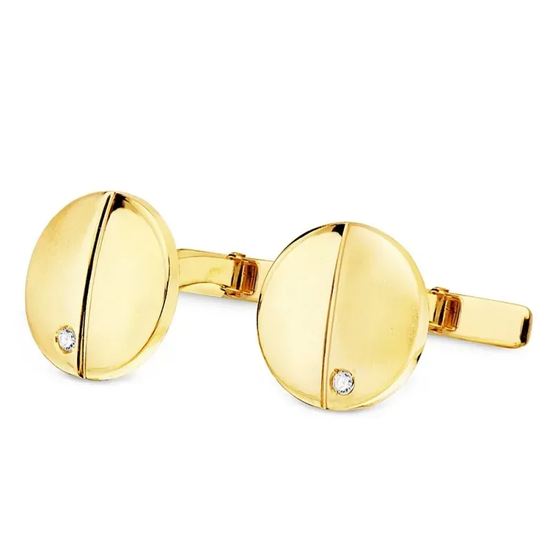 Gemelos oro 18k redondos 15mm. brillo mate circonitas hombre