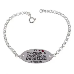 Pulsera plata Ley 925m 17.5cm. cadena rolo chapa oval frase [AB5369]