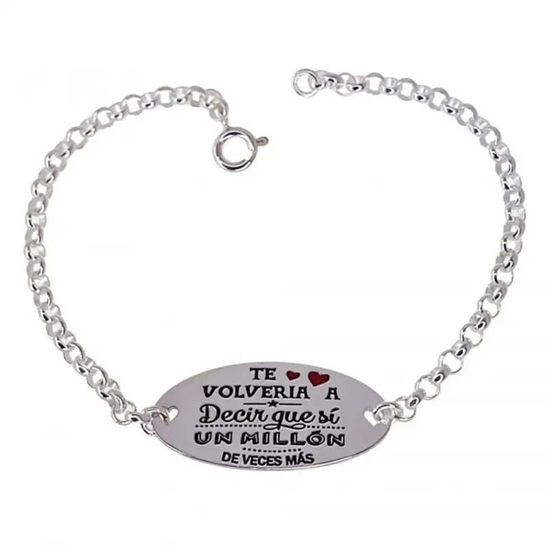 Pulsera plata Ley 925m 17.5cm. cadena rolo chapa oval frase [AB5369]