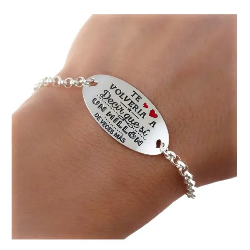 Pulsera plata Ley 925m 17.5cm. cadena rolo chapa oval frase [AB5369GR]