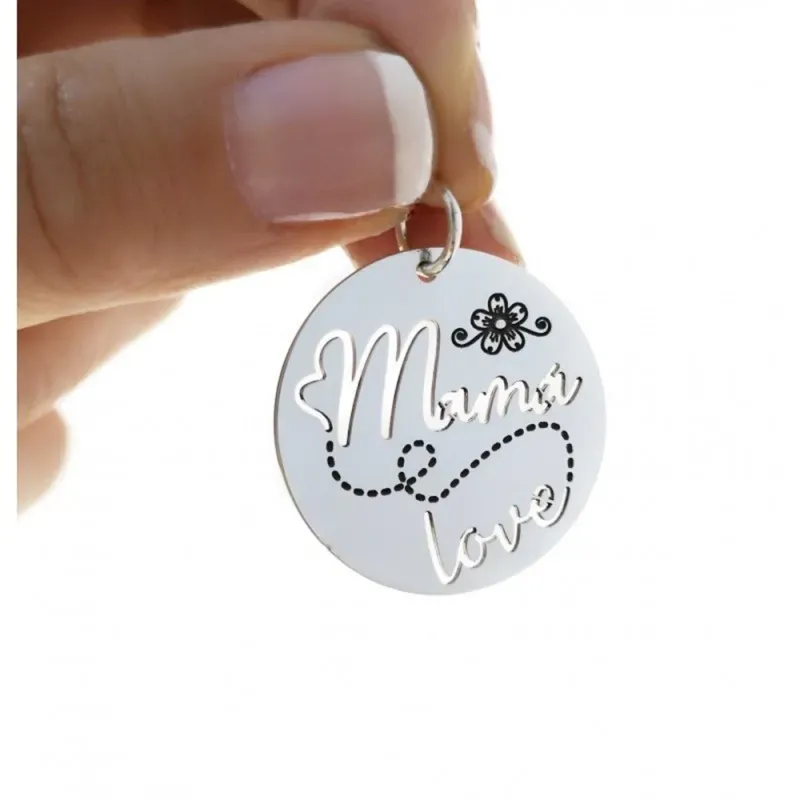 Colgante plata Ley 925m disco 28mm. mensaje MAMÁ LOVE calado detalle flor