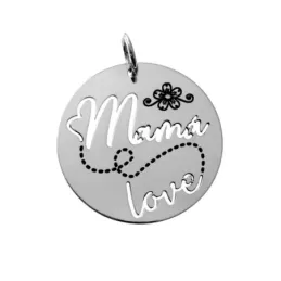 Colgante plata Ley 925m disco 28mm. mensaje MAMÁ LOVE calado detalle flor
