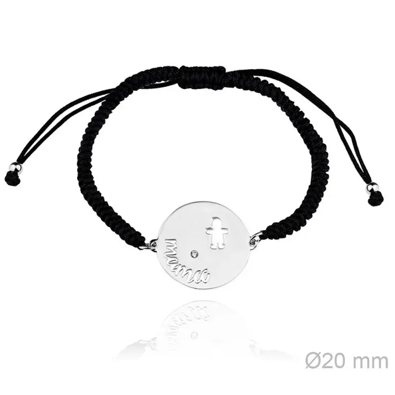 Pulsera plata Ley 925m rodiada MAMÁ cordón macramé bolitas adaptable detalle calado niño circonita