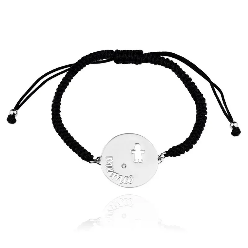 Pulsera plata Ley 925m rodiada MAMÁ cordón macramé bolitas adaptable detalle calado niño circonita