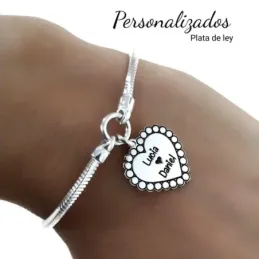 Pulsera plata Ley 925m cadena cola de topo 17cm. personalizable nombres corazón cierre mosquetón
