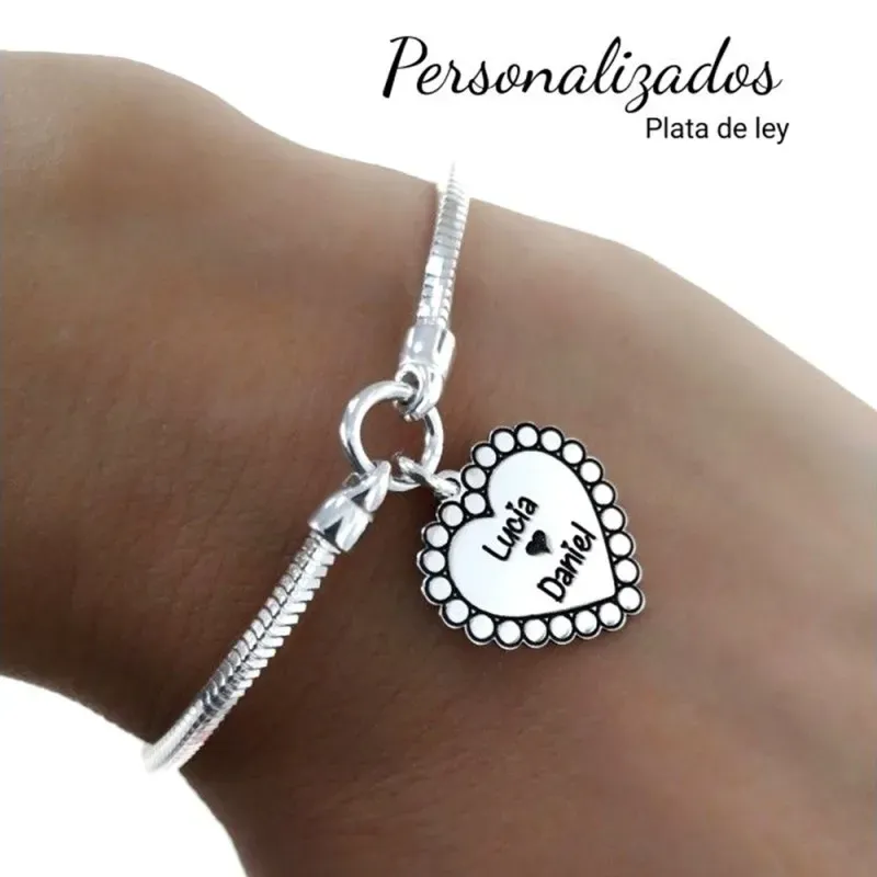 Pulsera plata Ley 925m cadena cola de topo 17cm. personalizable nombres corazón cierre mosquetón