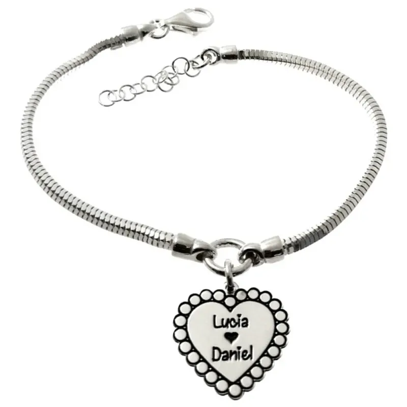 Pulsera plata Ley 925m cadena cola de topo 17cm. personalizable nombres corazón cierre mosquetón