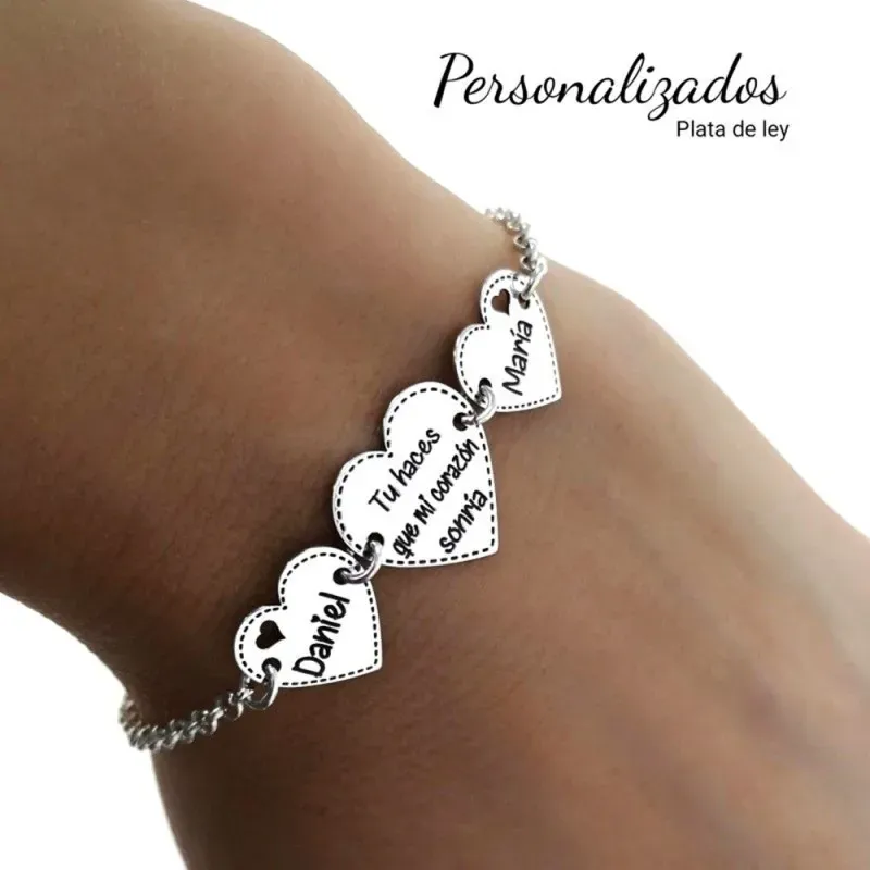Pulsera plata Ley 925m cadena rolo 19cm. TU HACES QUE MI CORAZÓN SONRÍA personalizable nombres