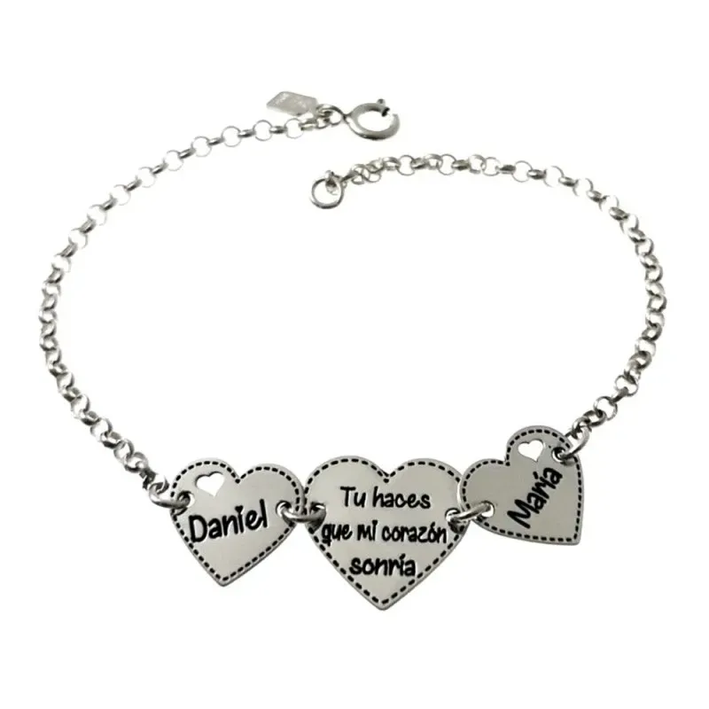 Pulsera plata Ley 925m cadena rolo 19cm. TU HACES QUE MI CORAZÓN SONRÍA personalizable nombres