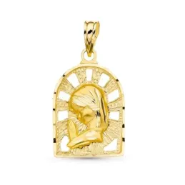 Medalla oro 18k Virgen Niña 22 mm. centro calada borde rectangular