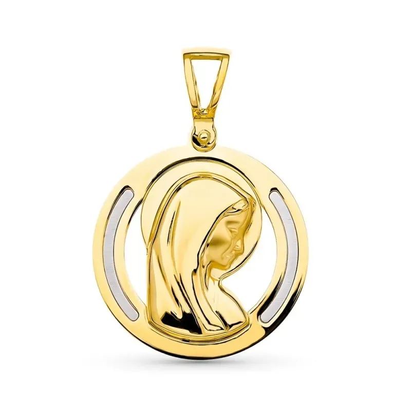 Medalla oro bicolor 18k Virgen Niña detalles bordes 19 mm.